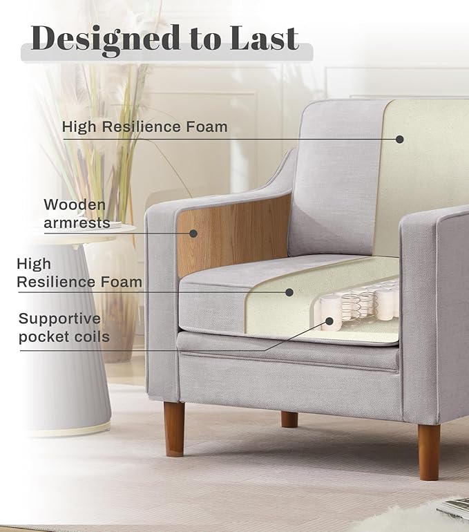 Kingfun Accent Chair Living Room Chairs Mid Century Reading Armchair Chenille with Solid Wood Foot Upholstered Modern Decor for Bedroom Apartment Silver Gray