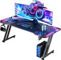 HLDIRECT 63 Inch Gaming Desk with LED Lights Carbon Fibre Surface Gaming Table Large Computer Desk Ergonomic Home Office Desks Z Shaped PC Gamer Workstations with Cup Holder &amp Headphone Hook Black