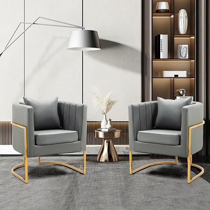 Velvet Modern Living Room Accent Chairs Set of 2 Upholstered Mid-Century Barrel Chairs for Bedroom Side Club Reception Chairs with Gold Metal Legs Gray