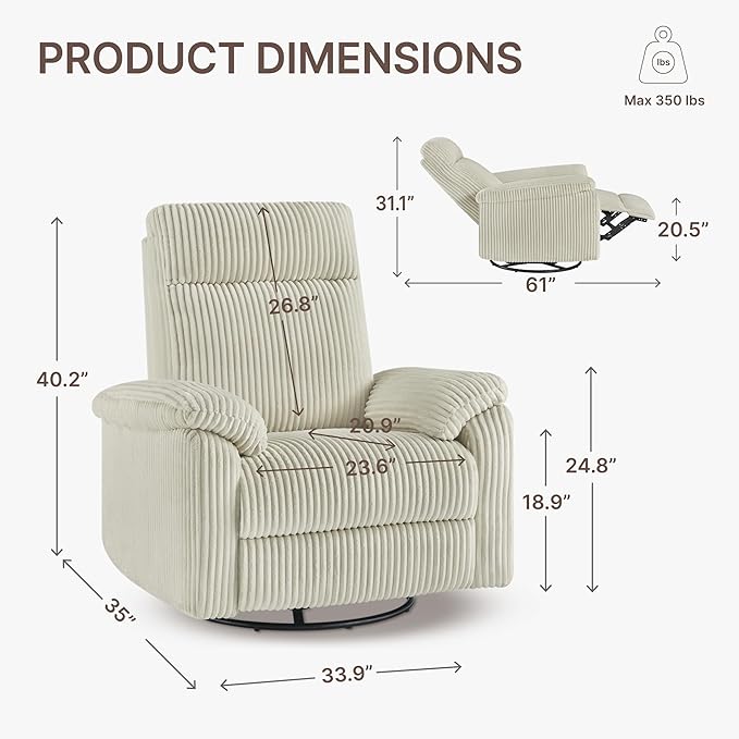 Swivel Rocker Recliner for Adults Corduroy 360 Degree Swivel Glider Recliner Manual 3-Position Adjustable Easy Assembly for Small Space Living Room Nursery Bedroom