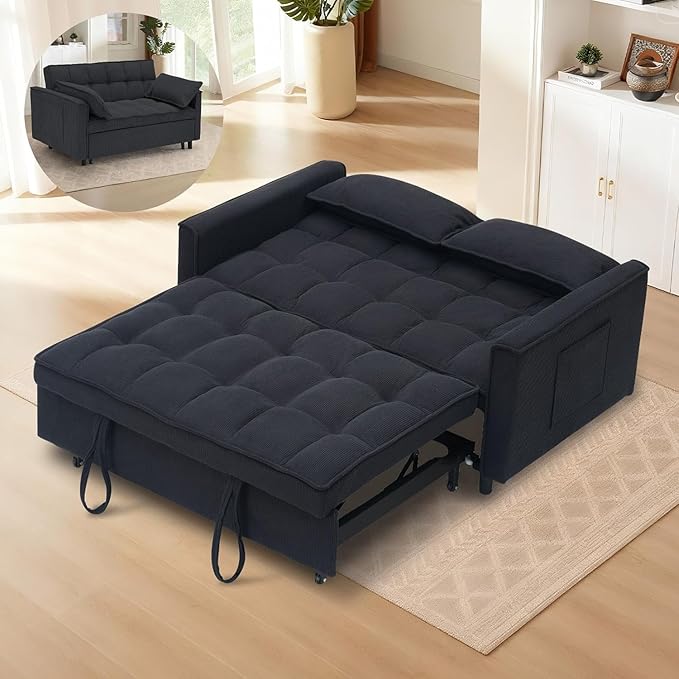 3 In 1 Corduroy Convertible Sofa BedPull Out Couch Bed with Reclining Backrest And 2 Pillows 54 Full Size Loveseat Sleeper Sofa Futon Couch Bed Couches For Small Spaces Living Room (Dark Grey)