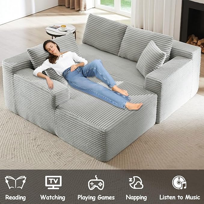 104 Boneless Sectional Couches L Shaped Couch with Deep Seat for Living Room Apartment Corduroy Memory Foam Couch with Comfy Pillows (Light Grey Left Chaise)