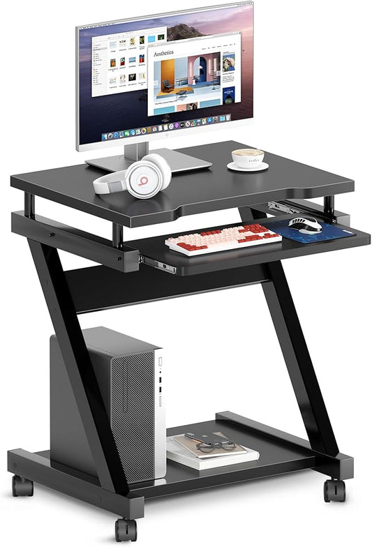 sogesfurniture Mobile Computer Desk Small Rolling Work Workstation for Home and Office with Printer Shelf Keyboard Drawers23.6 x 18.9 x 28.7 InchesBHUS-DX-8110-BB(Black)