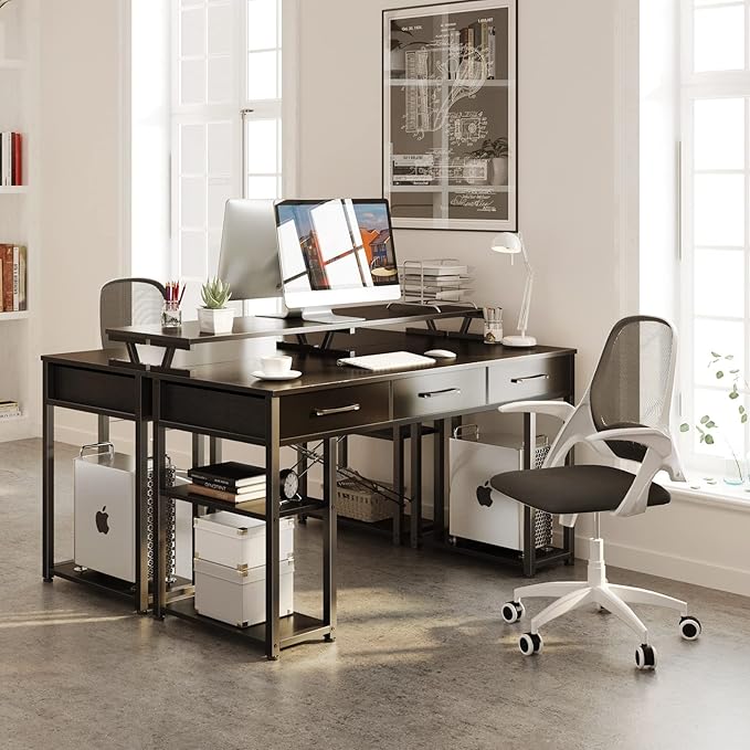 ODK Computer Desk with Drawers and Storage Shelves 48 inch Home Office Desk with Monitor Stand Modern Work Study Writing Table Desk for Small Spaces Black