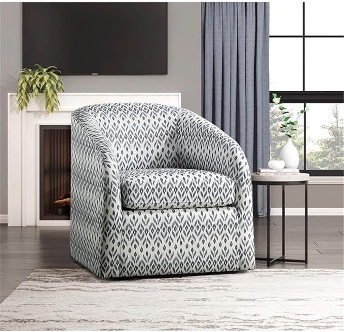 Pemberly Row Contemporary Textured Swivel Chair Multi-Color Tribal Pattern Fabric Upholstery Foam Padding Solid Wood Frame Metal Swivel Base 360-Degree Rotation Living Room Reading Nook Home