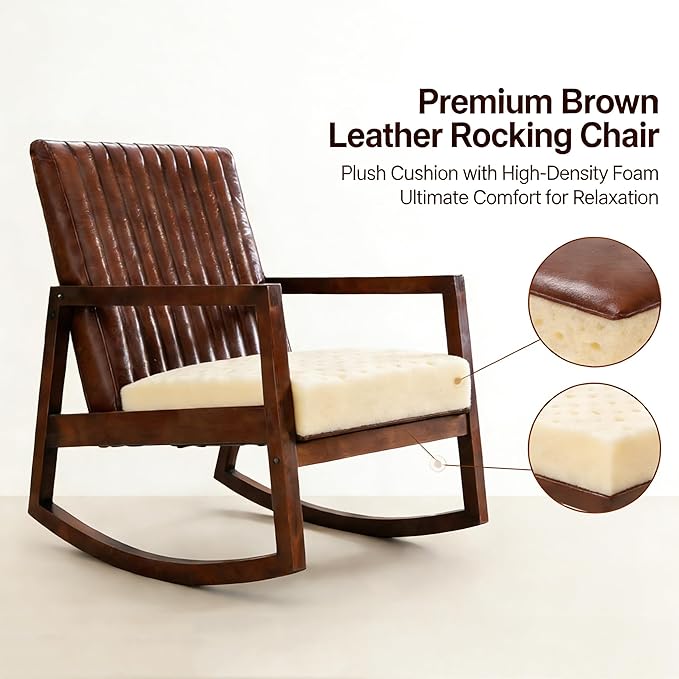 VESCASA Upholstered Rocking Chairs with Channel-Tufted Back Mid-Century Modern Comfy Oil Wax PU Leather Rockers with Black Walnut Wood Frame for Nursery Living Bedroom Indoor Set of 2 Brown