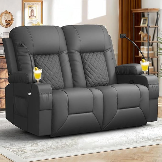 2026 Fabric Loveseat Recliner Sofa 2 Seater Reclining Loveseat Sofa RV Loveseat Couch Modern Recliner Chair for Living Room with Cup Holder and 2 Cell Phone Holders USB Ports Gray
