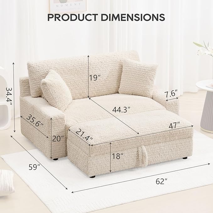 62“ Oversized Chaise Lounge Chair IndoorComfy Loveseat with Storage OttomanUpholstered Sleeper Sofa Bed with 2 Pillows Deep Seat Love Seat Couch for Living RoomBedroomApartmentBeige