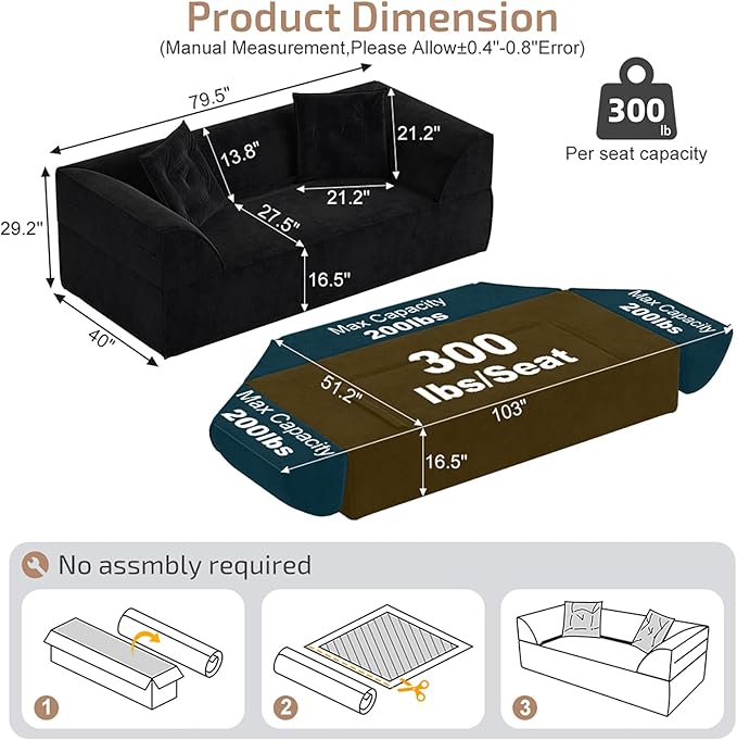 3-in-1 Convertible Sofa Bed 3-seater Boneless Futon Couch with Adjustable Backrest and Armrests Chenille Chaise Lounge Sofa with Pillows Floor Sleeper Loveseat for Living Room Reading Room Black