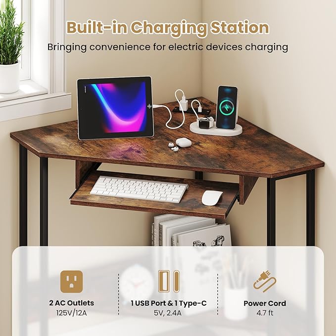 Giantex Small Corner Desk with Charging Station Triangle Computer Desk with Keyboard Tray &amp Storage Shelf Metal Corner Writing Desk for Bedroom Small Space Home Office Black &amp Rustic Brow