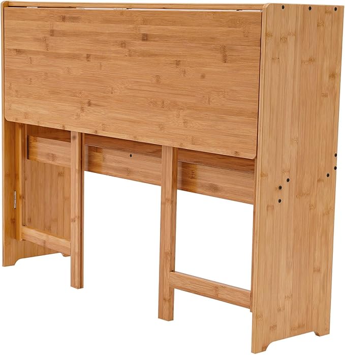 Modern Folding Desk Small Computer Table Writing Desk Laptop Desk Vanity Table Bamboo Workstation with Bookshelf for Home Office