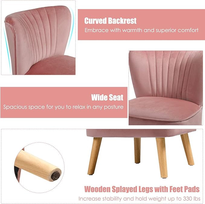KOTEK Velvet Accent Chair Modern Armless Accent Chair w/Solid Rubber Wood Legs Upholstered Side Chair Club Sofa Chair Slipper Chair for Living Room Bedroom (Pink)