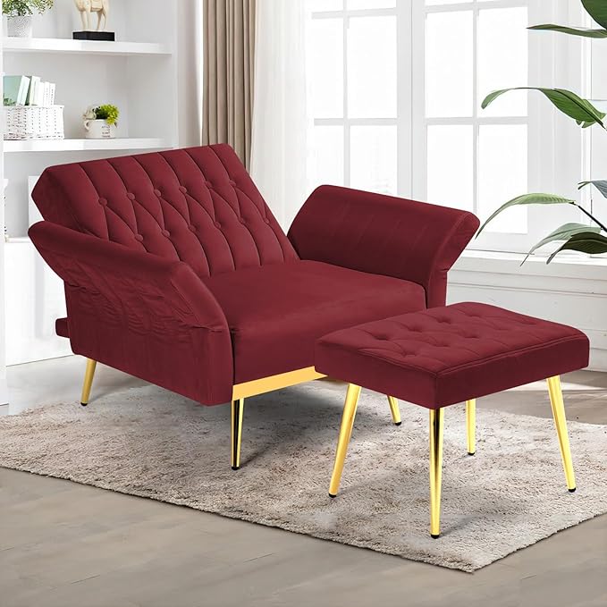 Velvet Accent Chair with Adjustable Backrest and Armrests Single Recliner Armchair with Ottoman and Golden Mental Legs for Living Room Bedroom and Waiting Room Red