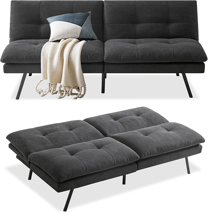 MUUEGM Futon Sofa Bed Couch - Convertible Sofa Bed Loveseat Sleeper Sofa with Adjustable Backrest Memory Foam Folding Futon for Living Room Small Space Apartment Office Gray to Black