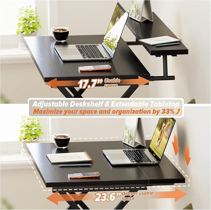 WOHOMO Folding Computer Desk with Adjustable Height 23.6 x 31.5 x 25.6 Foldable Table with Monitor Stand Small Office Desk for Bedroom Space Saving Desk for Home Office Easy Assemble Black
