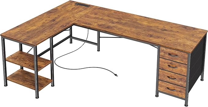 Huuger 55 Inch L Shaped Desk with Fabric Drawers Reversible Computer Gaming Desk with Power Outlets and USB-C Port Adjustable Side Storage Shelves for Work Study Corner Home Office Rustic Brown