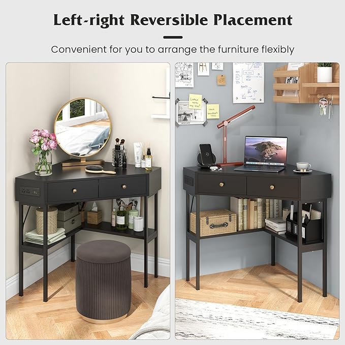 Tangkula Corner Desk with 2 Drawers &amp Built-in Charging Station 90 Degrees Triangle Computer Desk for Small Space Bedroom Makeup Vanity Desk with Storage Shelves Corner Writing Desk