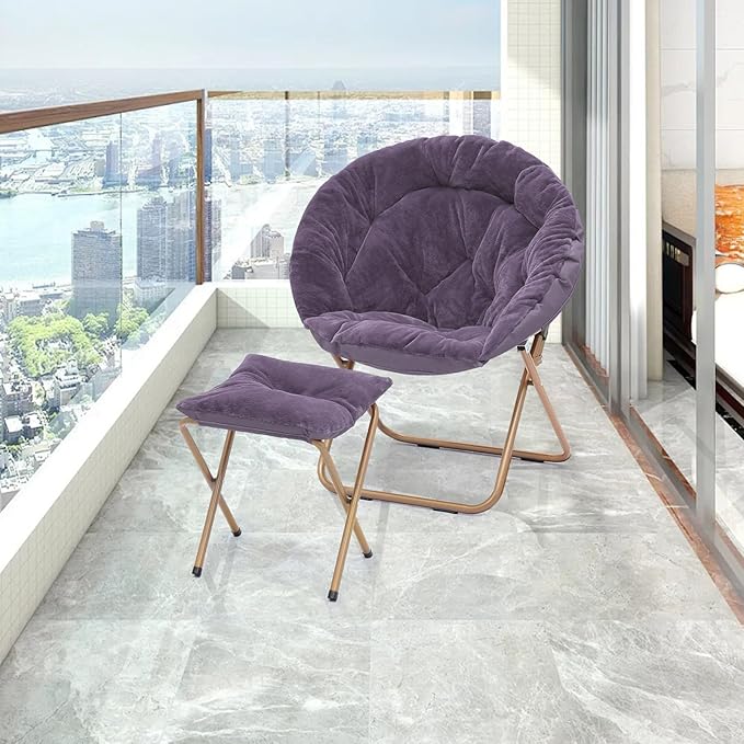 Athena Collection Round Saucer Chair with Ottoman Set for Adults Oversize Comfy Cozy Faux Fur Folding Reading Chair with Metal Leg Lazy Relaxing for Living Room Bedroom Dorm Apartment Purple