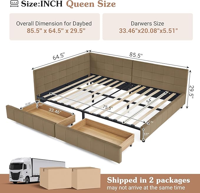 Queen Corner Bed Frame with Storage Drawers Modern Velvet Upholstered Sofa Day Bed Frame with Wood Slats for Living Room Bedroom Guest Room No Box Spring Needed Brown