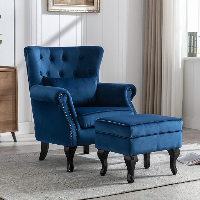 chairus Mid-Century Modern Accent Chair with Ottoman Comfy Velvet Single Sofa Chair Button Tufted Wingback Armchair with Pillow for Living Room/Bedroom/Club - Blue
