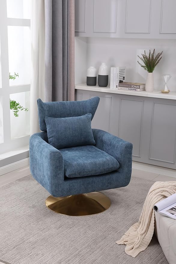Swivel Accent Chairs for Living Room Mid Century Modern Accent Chair with Arms Comfy Side Chairs for Living Room with Gold Base &amp Lumbar Pillow Upholstered Armchair with Wingback (Blue)