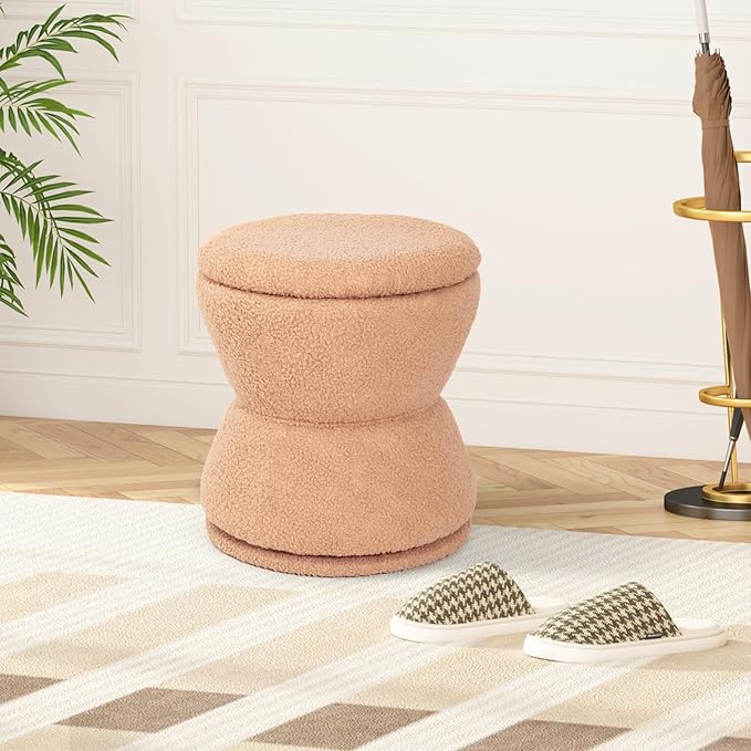 DHMAKER Round Ottoman with Storage 360°Swivel Vanity Stool Chiar with Wooden Frame Small Makeup Chair Comfy Foot Stool with Thick Padded for Living Room Bedroom Entryway