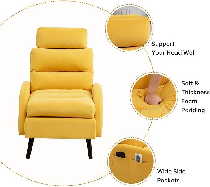 Accent Chair with Ottoman Comfy Reading Chair with Ottoman Set Modern Oversized Velvet Lounge Armchair with Adjustable Backrest for Living Room Bedroom (Yellow)