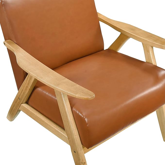 Lexicon Mid Century Modern Accent Chair with Solid Wood Frame in Natural Finish Faux Leather Living Room Lounge Arm Chair Thick and Comfy Innerspring Seat Cushion Brown