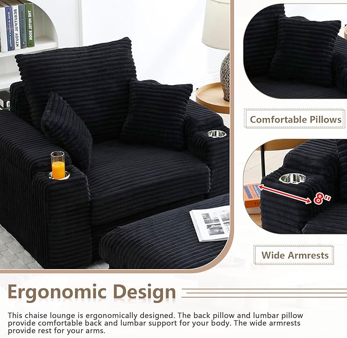 43.3”W Oversized Accent Chair with Ottoman &amp Storage Modern Corduroy Reading Chair with Cup Holder &amp Pillow Comfy Upholstered Deep Seat Armchair for Living Room Bedroom (Black)