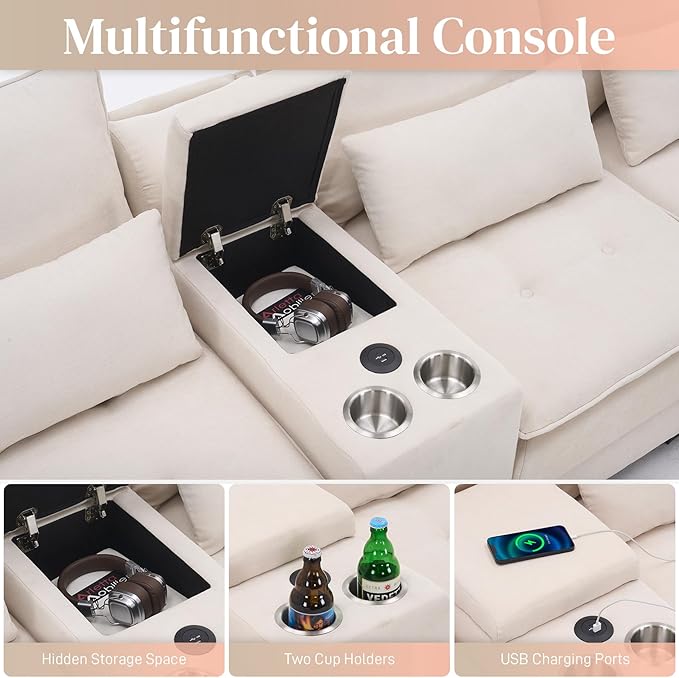 OUYESSIR 134 Oversized Beige Sectional Couches for Living RoomFluffy Couch with Chaise Lounge&ampTufted Buttons U Shaped Living Room Sofa Set FurnitureChenille 6 Seater Couch with Storage Console