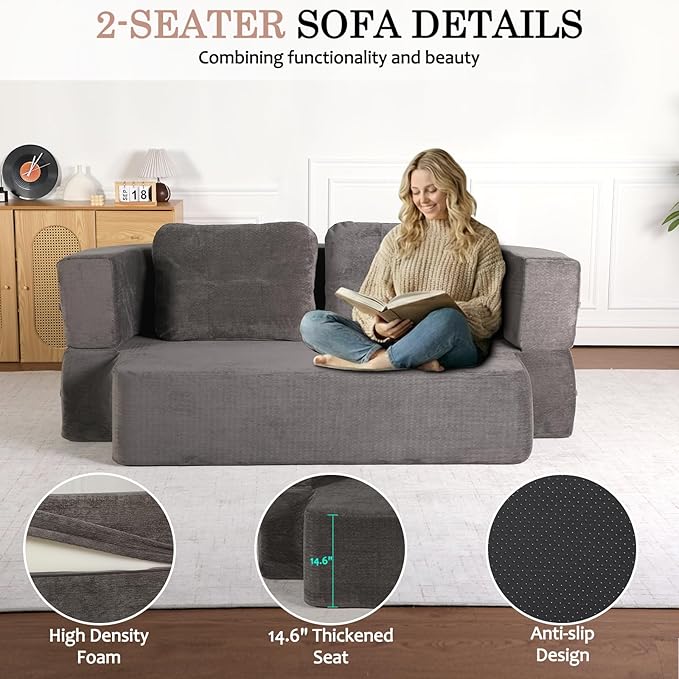 Folding Sofa Bed 78.7 Extra-Long Convertible Sofa Bed with 2 Pillows &amp Blanket 14.6 Thick High-Density Foam Boneless Couch for Bedroom Living Room Apartment Grey