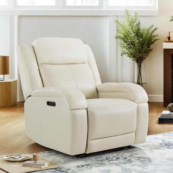 Watson &amp Whitely Genuine Leather Power Recliner Chairs for Adults Wall Hugger RV Recliner with Power Headrest &amp Charging Ports Electric Recliner Sofa Chair for Living Room Cream