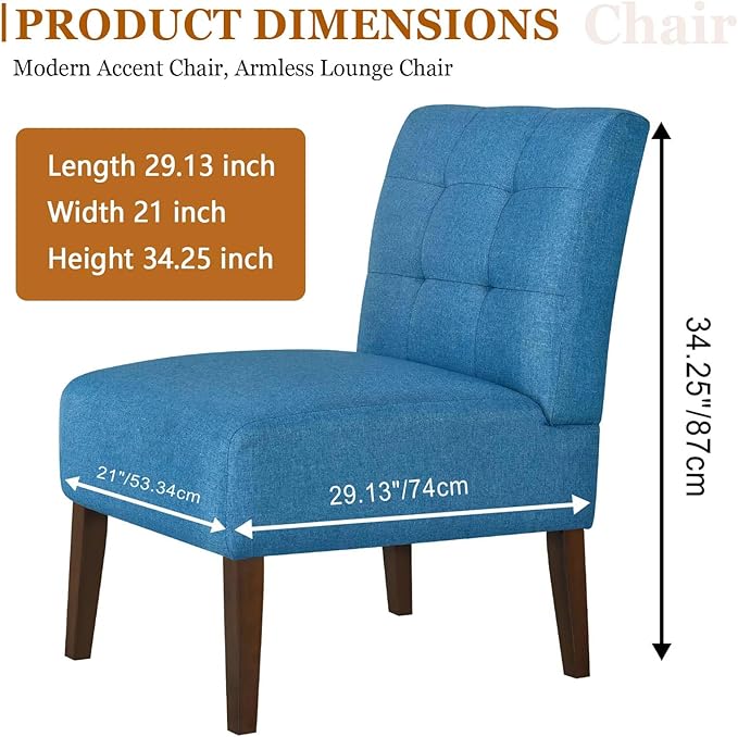 Modern Accent Chair for Living Room Upholstered Armless Slipper Chair with Back &amp Wood Legs Comfy Small Chair for Bedroom Living Room Reading Spaces Office (Blue2)