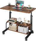 DUMOS 31.5 Manual Standing Desk Height Adjustable Mobile Computer Desk with Lockable Wheels &amp 2-Tier Storage Rolling Laptop Table for Small Spaces &amp Home Office Rustic Brown