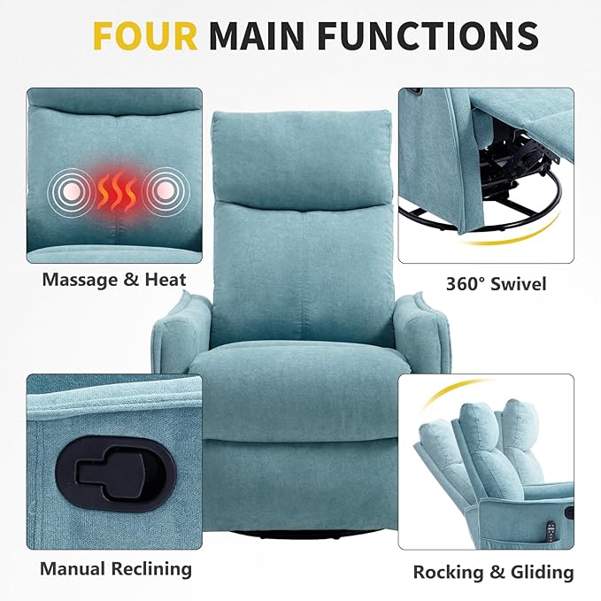 Swivel Rocker Recliner Chair 360° Swivel Recliner with Heat and Massage Rocker Recliner Easy to Clean Nursery Glider Recliner Chair with Side Pockets for Living Room Mint Green