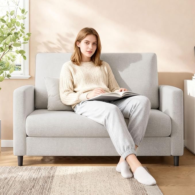 IDEALHOUSE Loveseat Sofa 52 Love Seat for Small Spaces Mid Century Sofa Accent Chair Wood Frame Tool-Free Assembly Comfy Sofa Couch for Bedroom Living Room Beige