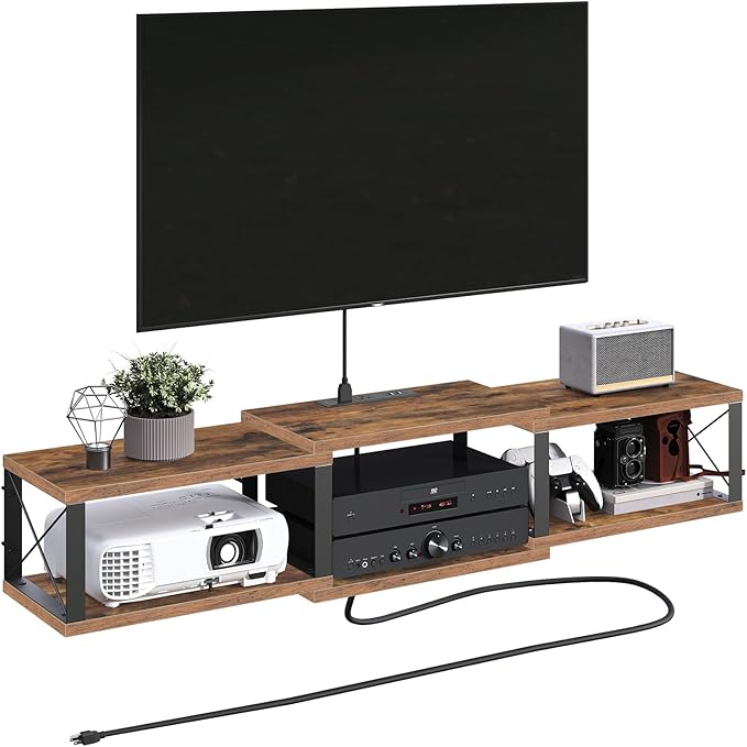 43.7” Floating TV Stand with Power Outlet Wall-Mounted Entertainment Center Floating Metal Frame Media Console Shelf for Under TV Storage for Living Room Bedroom Rustic Brown TVHR101E01