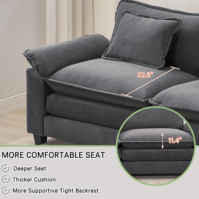L Shape Sofa Comfy Sectional Cloud Couch for Living Room with Pillows Modern Velvet Sofa Sleeper Deep Couches with Ottoman (Grey 4-Seat)