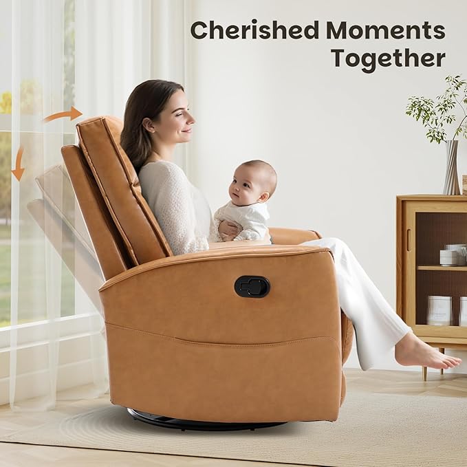 CANMOV Leather Recliner Chair Swivel Rocker Recliner Chair 360°Swivel Nursery Glider Recliner Manual Recliner for Small SpacesLiving RoomBedroomBrown