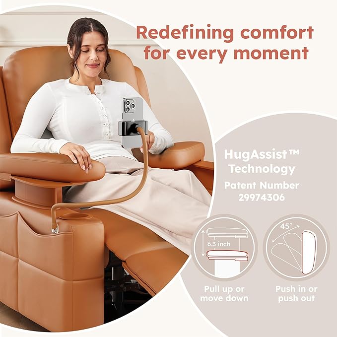 Triple Motor Power Swivel Rocker Recliner Chair with Adjustable Armrests for Adults FSC Certified Faux Leather Rocking Chair for Living Room Brown