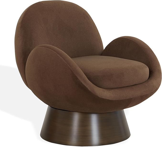 SAFAVIEH Couture Collection - Paolini Brown Upholstered Accent Chair Metal Swivel Base Sculptural Modern Design (SFV4880B)