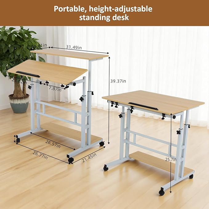 FAHKNS Small Standing Desk Adjustable Height Portable Standing Desk with Wheels Mobile Stand Up Desk for Home Reading Desk and Office Work