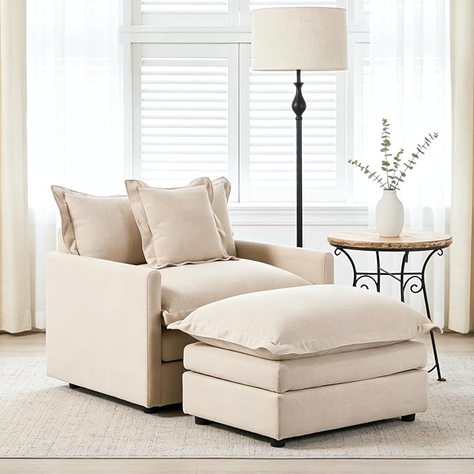 chairus Oversized Chair with Ottoman Modern Linen Upholstered Single Sofa Living Room Chair Comfy Reading Accent Chair Armchair Chaise Lounge Chair Indoor for Bedroom Oatmeal Beige