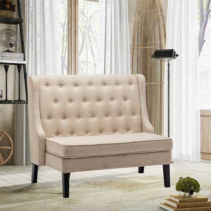 Tongli 46 Small Modern Loveseat Settee Sofa Linen Fabric 2-Seat Sofa Couch Tufted Love Seat Dining Bench with Back Upholstered Banquette Sofas for Living Room Bedroom Small Space Entryway Beige