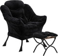 Lazy Chair with Folding Ottoman Accent Chair Plush Upholstered with Metal Structure and Non-Slip Pads Sofa Armchair with Footrest and Side Storage Bag for Dorm Room Office Black
