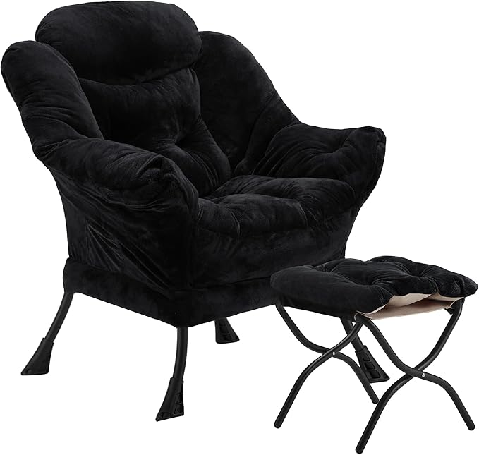 Lazy Chair with Folding Ottoman Accent Chair Plush Upholstered with Metal Structure and Non-Slip Pads Sofa Armchair with Footrest and Side Storage Bag for Dorm Room Office Black
