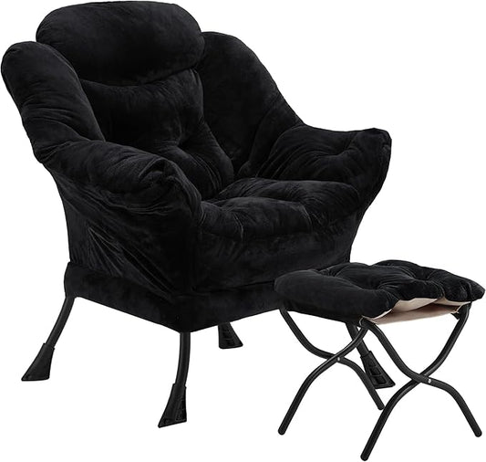 Lazy Chair with Folding Ottoman Accent Chair Plush Upholstered with Metal Structure and Non-Slip Pads Sofa Armchair with Footrest and Side Storage Bag for Dorm Room Office Black