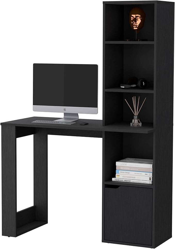 Computer Desk with 4-Tier Bookcase and 1-Door Cabinet Ample Work Surface for Home Office Living Room Black