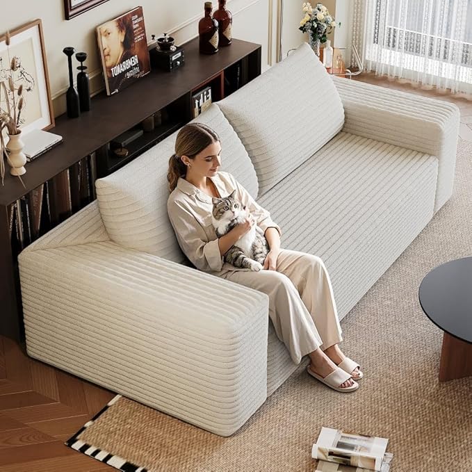 71 Cloud Compressed Sofa Corduroy Fabric Loveseat Deep 3 Seat Boneless Couch No Assembly for Living Room Bedroom Conference Room Apartment (White-71)