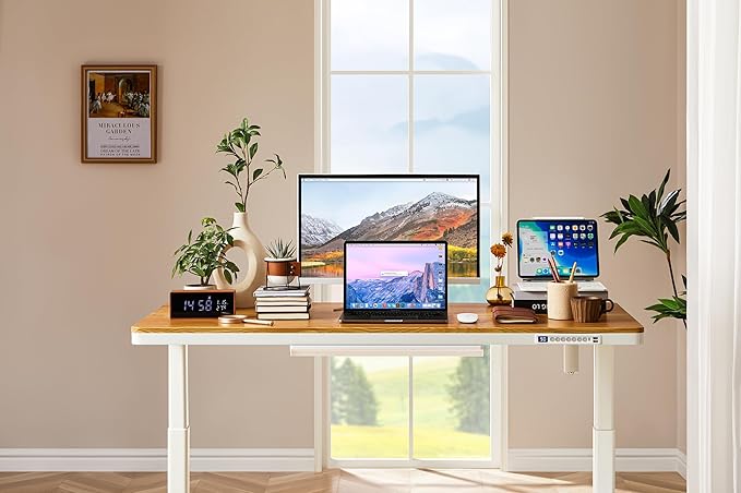 KINGSMITH 55x24 Inches Whole Piece Electric Standing Desk with Drawer Dual Motors Height Adjustable Stand up Desk for Home Office Ergonomic Sit to Stand Desk Computer Workstation Origin Wood